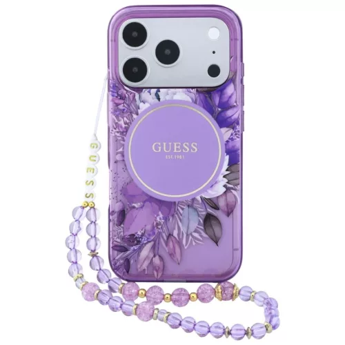 Guess IML Flowers Pearl Strap MagSafe iPhone 18 Pro Max / 17 Pro Max (GUHMP18XHFWBRCESU) tok, lila
