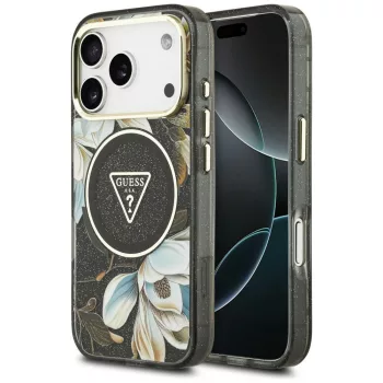   Guess IML Glitter Flowers Triangle MagSafe iPhone 18 Pro Max / 17 Pro Max (GUHMP18XHFLPEDK) tok, fekete