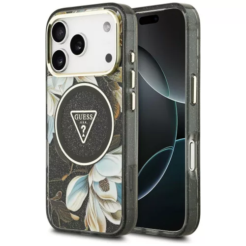 Guess IML Glitter Flowers Triangle MagSafe iPhone 18 Pro Max / 17 Pro Max (GUHMP18XHFLPEDK) tok, fekete