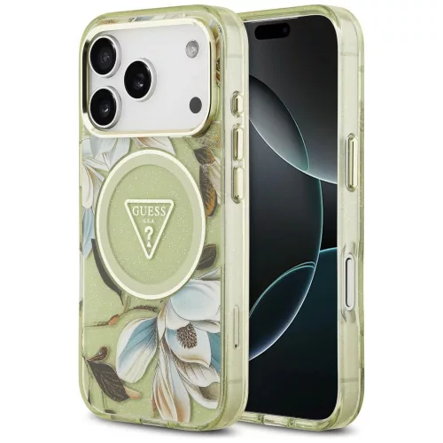 Guess IML Glitter Flowers Triangle MagSafe iPhone 18 Pro Max / 17 Pro Max (GUHMP18XHFLPEDN) tok, zöld