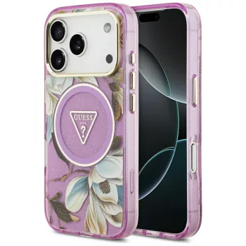   Guess IML Glitter Flowers Triangle MagSafe iPhone 18 Pro / 17 Pro (GUHMP18LHFLPEDU) tok, lila