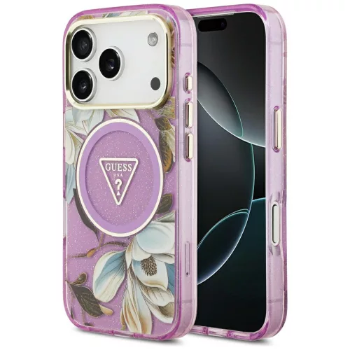 Guess IML Glitter Flowers Triangle MagSafe iPhone 18 Pro / 17 Pro (GUHMP18LHFLPEDU) tok, lila