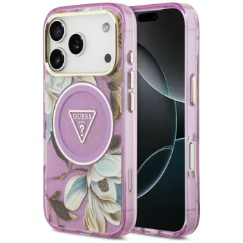   Guess IML Glitter Flowers Triangle MagSafe iPhone 18 Pro Max / 17 Pro Max (GUHMP18XHFLPEDU) tok, lila