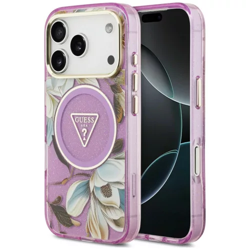 Guess IML Glitter Flowers Triangle MagSafe iPhone 18 Pro Max / 17 Pro Max (GUHMP18XHFLPEDU) tok, lila