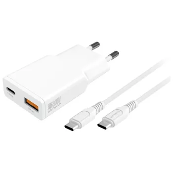   4smarts PDPlug Slim Duos 20W, GaN USB-C+USB-A + kabel USB-C 1.5m, hálózati töltő, fehér