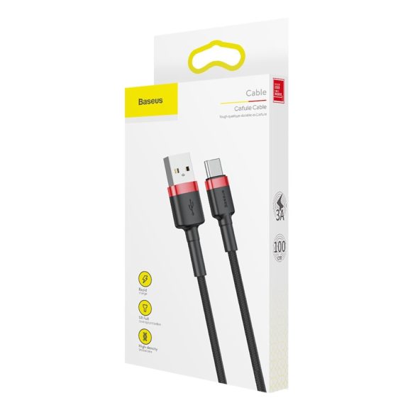 Baseus Cafule CATKLF-B91 USB USB-C adat- és töltőkábel, 3.0 gyorstöltés, 3A, 1m, fekete-piros