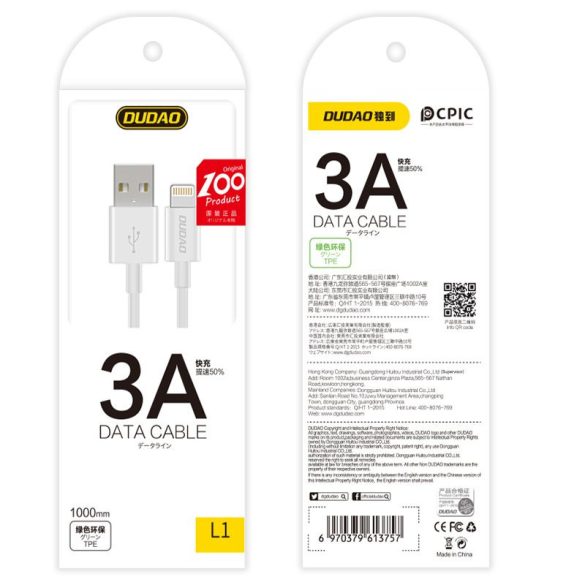 Dudao USB/micro USB adat- és töltőkábel, 3A 1m, fehér