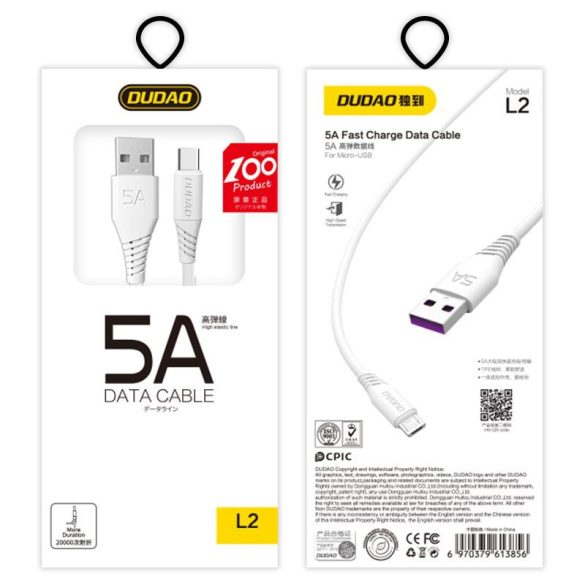 Dudao USB/USB-C kábel adat- és töltőkábel, 5A 1m, fehér