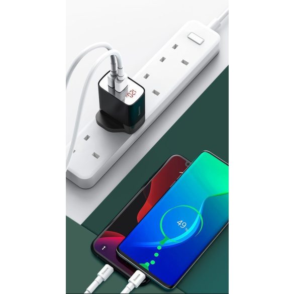 Baseus Mirror Lake Wall Charger hálózati töltő adapter, UK, USB + USB-C, LED kijelzővel, fehér