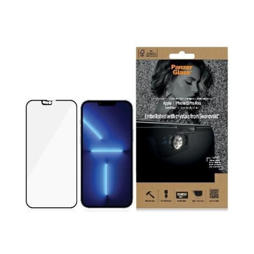 PanzerGlass E2E Microfracture Antibacterial Glass with Camera Cover with Swarovsky Crystal iPhone 13 Pro Max - with Black Frame