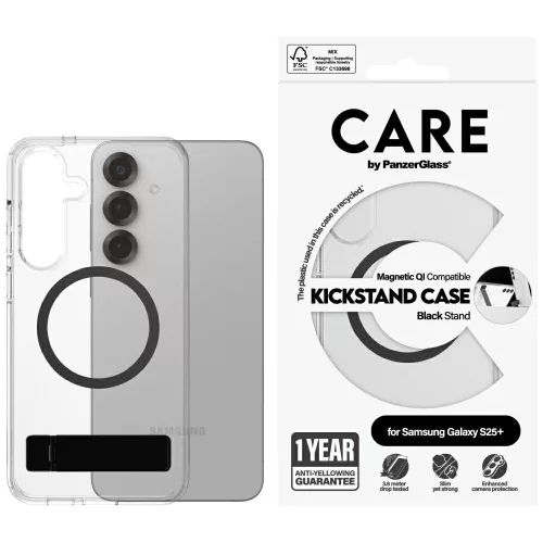 CARE by PanzerGlass Feature tok, fekete Kickstand & QISamsung Galaxy S25 Plus tok, átlátszó