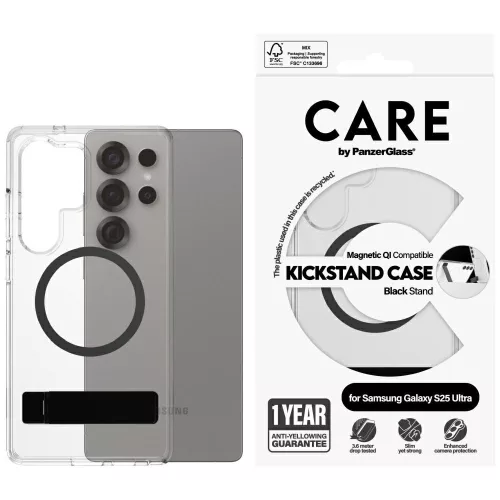 CARE by PanzerGlass Feature tok, fekete Kickstand & QISamsung Galaxy S25 Ultra tok, átlátszó