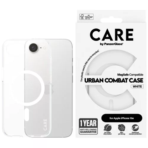 CARE by PanzerGlass Flagship Urban Combat tok, fehér MagSafe iPhone 16e tok, átlátszó