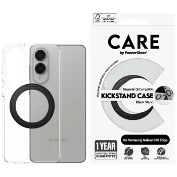   CARE by PanzerGlass Feature tok, fekete Kickstand & QI Case Samsung Galaxy S25 Edge tok, átlátszó