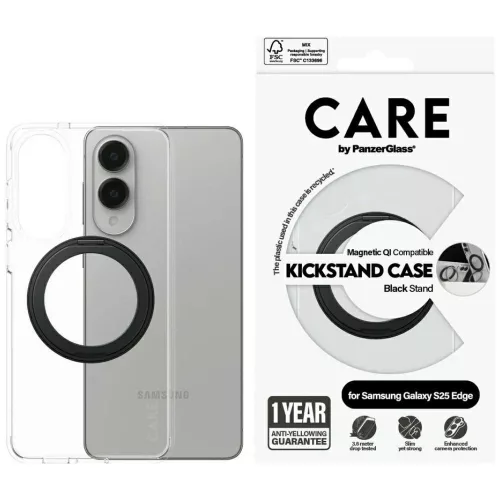 CARE by PanzerGlass Feature tok, fekete Kickstand & QI Case Samsung Galaxy S25 Edge tok, átlátszó
