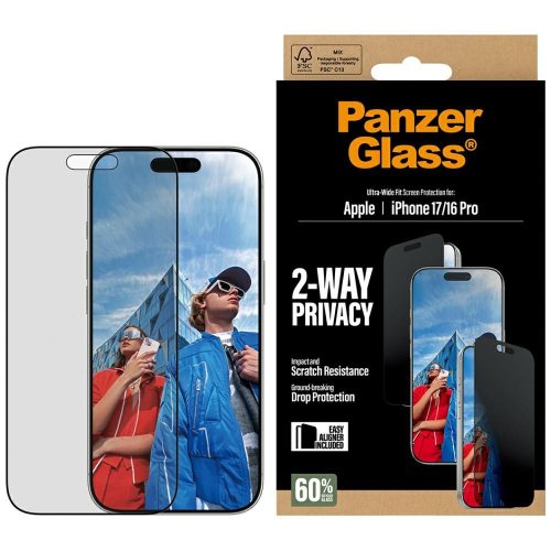 PanzerGlass Ultra-Wide Fit EasyAligner Privacy Glass iPhone 17 / 16 Pro betekintésvedő edzett üvegfólia