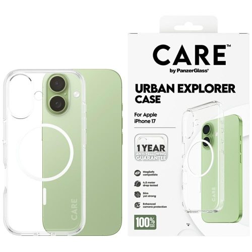 CARE by PanzerGlass Flagship Urban Explorer Case w. tok, fehér MagSafe iPhone 17 tok, átlátszó