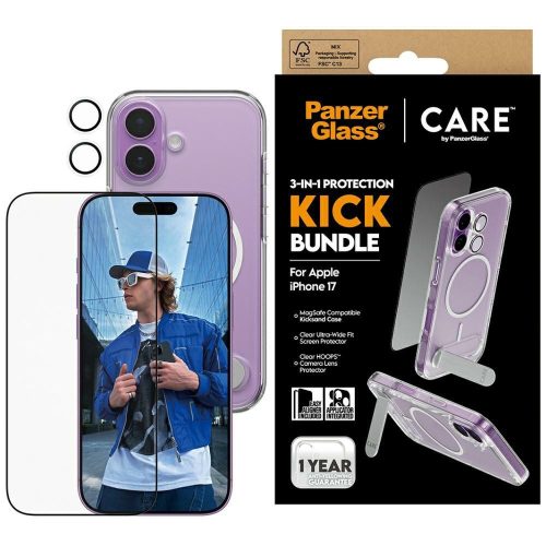CARE by PanzerGlass Feature Kick 3in1 Case + Glass + Lens Protection Kit iPhone 17 tok, átlátszó