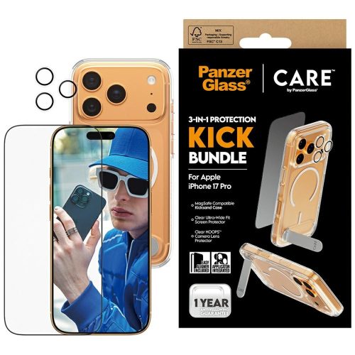 CARE by PanzerGlass Feature Kick 3in1 Case + Glass + Lens Protection Kit iPhone 17 Pro, átlátszó