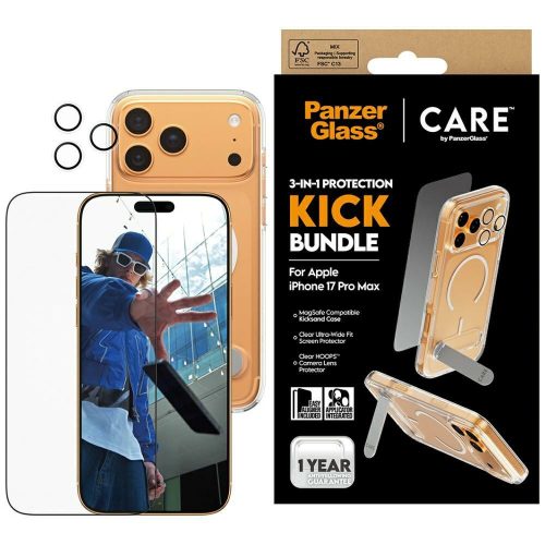 CARE by PanzerGlass Feature Kick 3in1 Case + Glass + Lens Protection Kit iPhone 17 Pro Max, átlátszó