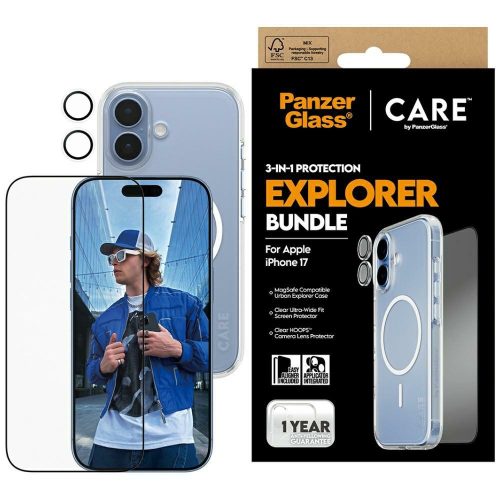 CARE by PanzerGlass Flagship Explorer 3in1 Case + Glass + Lens Protection Kit iPhone 17, átlátszó