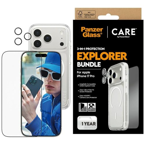 CARE by PanzerGlass Flagship Explorer 3in1 Case + Glass + Lens Protection Kit iPhone 17 Pro, átlátszó