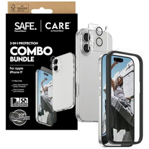 CARE by PanzerGlass Ftok, szürkeionable Combo 3in1 Case + Glass + Lens iPhone 17 tok, átlátszó