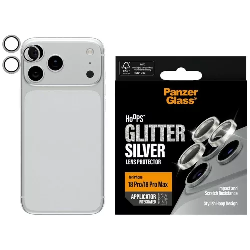 Ceramic Lens Protector PanzerGlass Hoops Glitter iPhone 18 Pro / 18 Pro Max kameravédő, ezüst