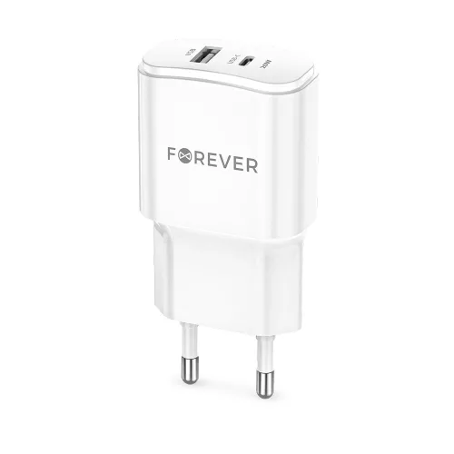 Forever TC-01-20AC PD QC hálózati töltő 1x USB-C 1x USB 20W, fehér