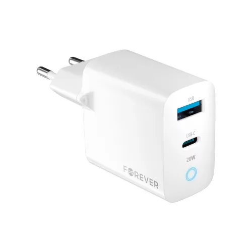 Forever TC-06-20AC PD QC hálózati töltő 1x USB-C 1x USB 20W, fehér