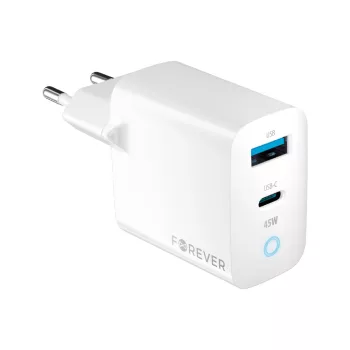   Forever TC-06-45AC GaN PD QC hálózati töltő 1x USB-C 1x USB 45W, fehér