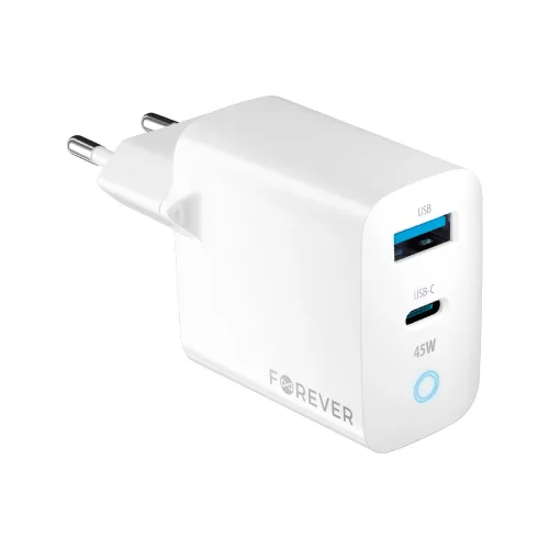 Forever TC-06-45AC GaN PD QC hálózati töltő 1x USB-C 1x USB 45W, fehér