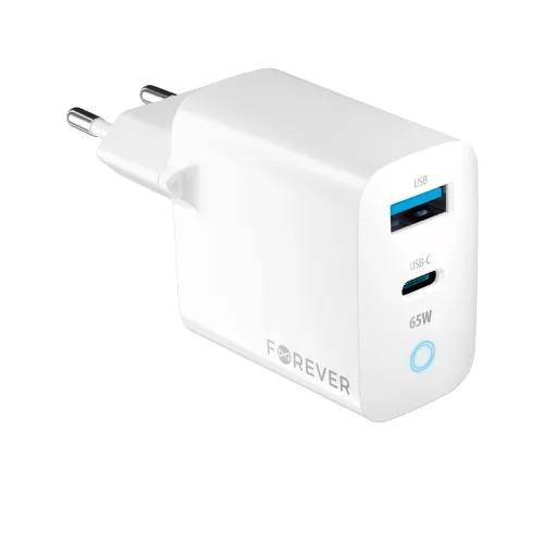 Forever TC-06-65AC GaN PD QC hálózati töltő 1x USB-C 1x USB 65W, fehér