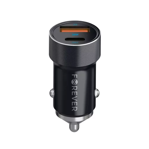 Forever CC-06 PD QC autós töltő 1x USB-C 1x USB 20W, fekete + USB-C - USB-C kábel 60W