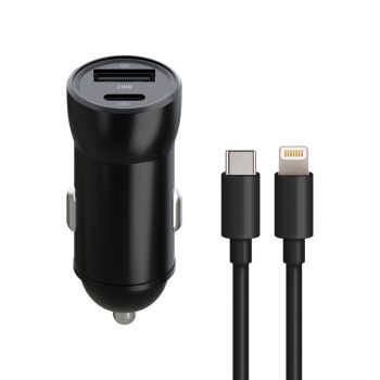   Maxlife MXCC-04 PD QC autós töltő 1x USB-C 1x USB 20W, fekete + USB-C - Lightning kábel 27W