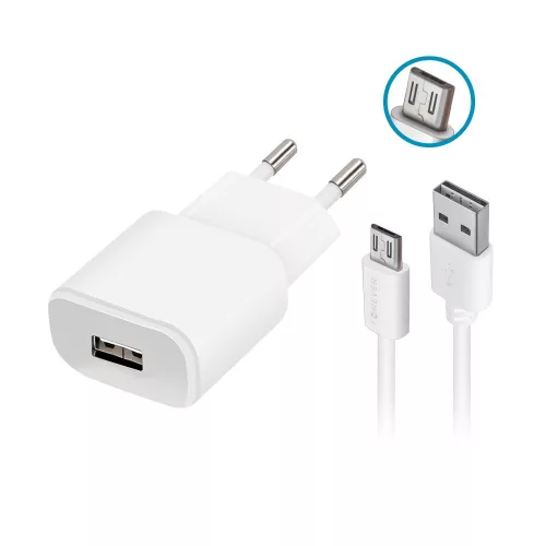 Forever TC-01 hálózati töltő 1x USB 2A, fehér + microUSB kábel
