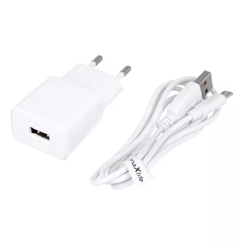 Maxlife MXTC-01 hálózati töltő 1x USB 2.1A, fehér + microUSB kábel