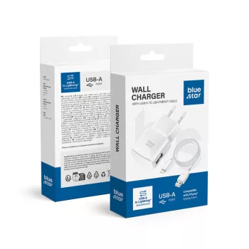   Blue Star hálózati töltő 1A 5W USB A + kábel USB A - Lightning TFK-TC-1100B, fehér