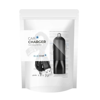   Blue Star autós töltő 2A USB A + kábel USB A to Micro USB, fekete