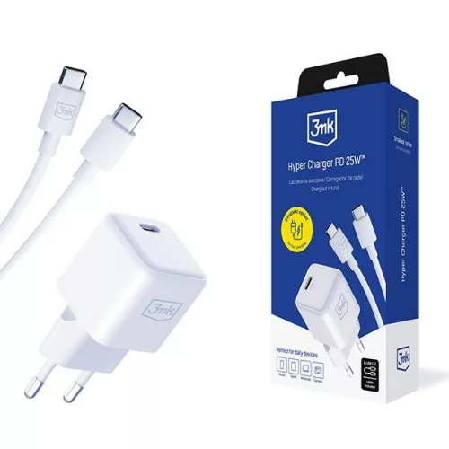 3MK Hyper Charger PD 25W hálózati töltő, fehér + 1x USB-C kábel
