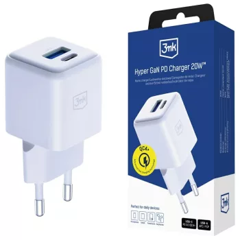   3MK hálózati töltő Hyper GaN Charger 20W 1xUSB-A 1XUSB-C PD QC4+, fehér