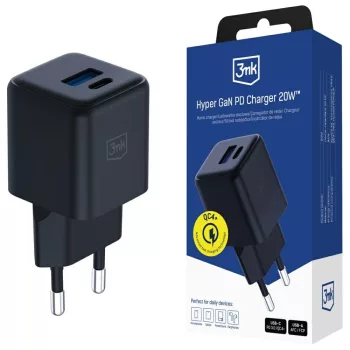   3MK hálózati töltő Hyper GaN Charger 20W 1xUSB-A 1XUSB-C PD QC4+, fekete