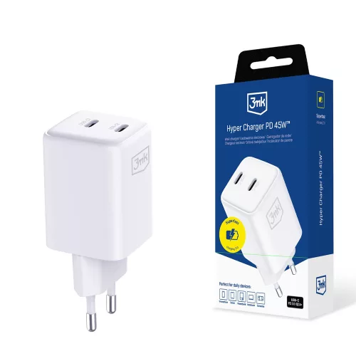 3MK hálózati töltő Hyper Charger PD 45W GaN QC4+ PPS 2C Super-Fast Charge 2.0, fehér