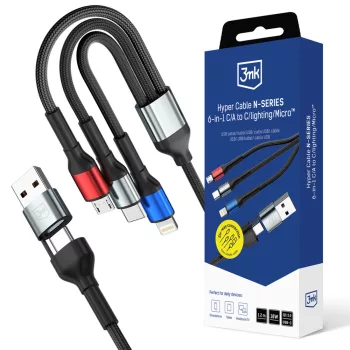   3MK Hyper Cable N-SERIES 6 in 1 USB-C - USB-A USB-C - Lightning - Micro, 1,2m, QC 3.0 9 V/2A 18W, kábel, fekete