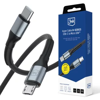   3MK Hyper Cable N-SERIES USB-C - MicroUSB, 1m, QC 3.0 5 V/2A 10W, kábel, fekete