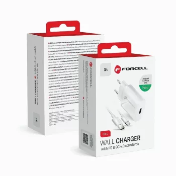   FORCELL F-ENERGY TFK-TC-20WPD hálózati töltő Type C + kábel Type C to Lightning PD QC4.0 3A 20W, fehér