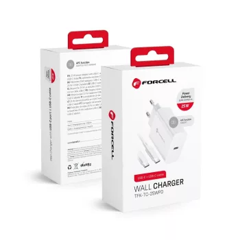   FORCELL F-ENERGY TFK-TC-25WPD hálózati töltő Type C + kábel Type C to Type C PD Q.C 3A 25W, fehér