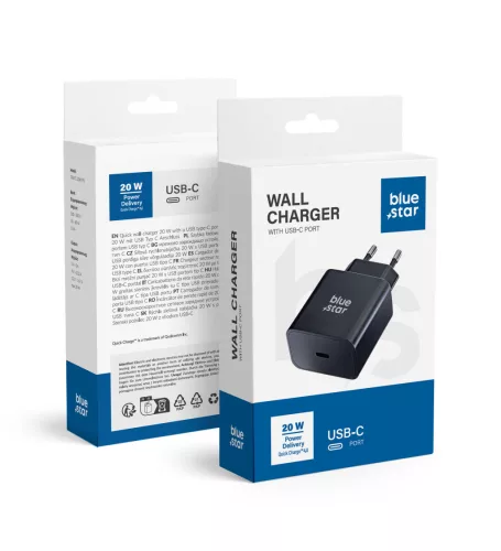 Blue Star hálózati töltő Type C PD QC4.0 3A 20W TFB-TC-20WPD, fekete