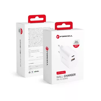   FORCELL F-ENERGY TFK-TC-30WPD hálózati töltő Type C + USB A PD QC4.0 3A 30W, fehér