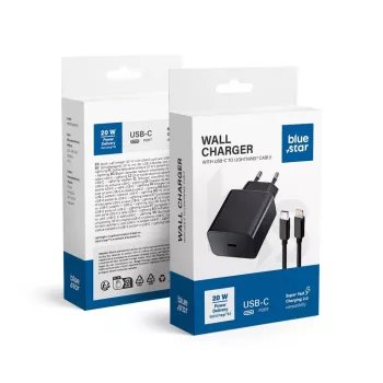   Blue Star hálózati töltő Type C + kábel Type C - Lightning PD QC4.0 3A 20W TFB-TC-20WPD, fekete